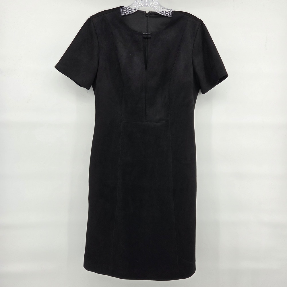 Elie Tahari Faux Suede Sheath Dress‎ 4 Black V-Neck Minimalist Chic Office